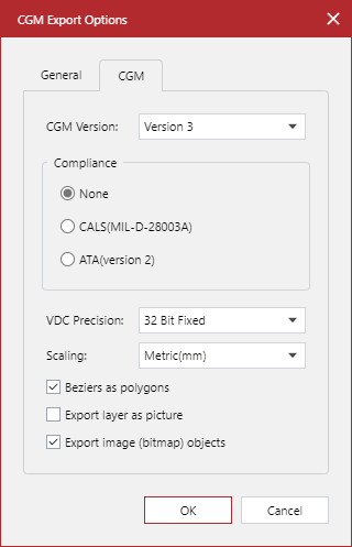 General Tab of the CGM export options Pop-up Dialog General Tab of the CGM export options Pop-up Dialog
